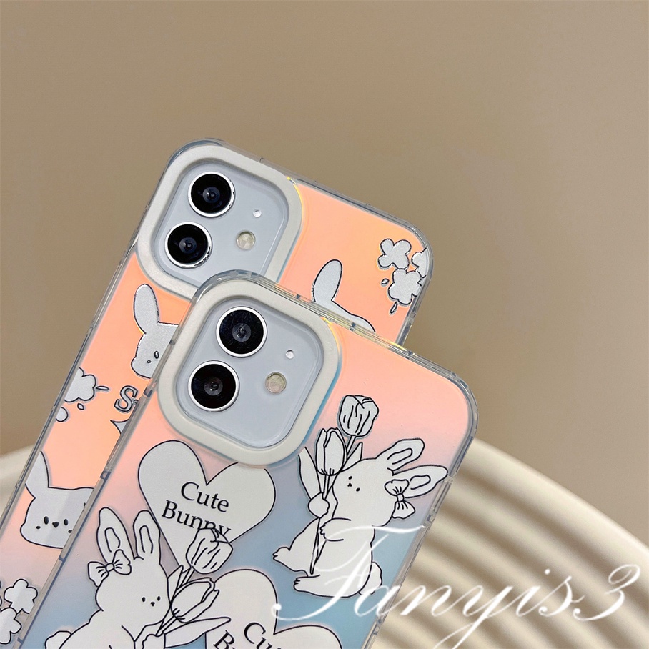 Compatible For IPhone 14 13 12 11 Pro Max X XR Xs Max 8 7 Plus SE 2020 Kompatibel Untuk Cute Sweet Little Rabbit Bunny IMD Laser Gradient Phone Case TPU Lembut Shockproof Cover Pelindung