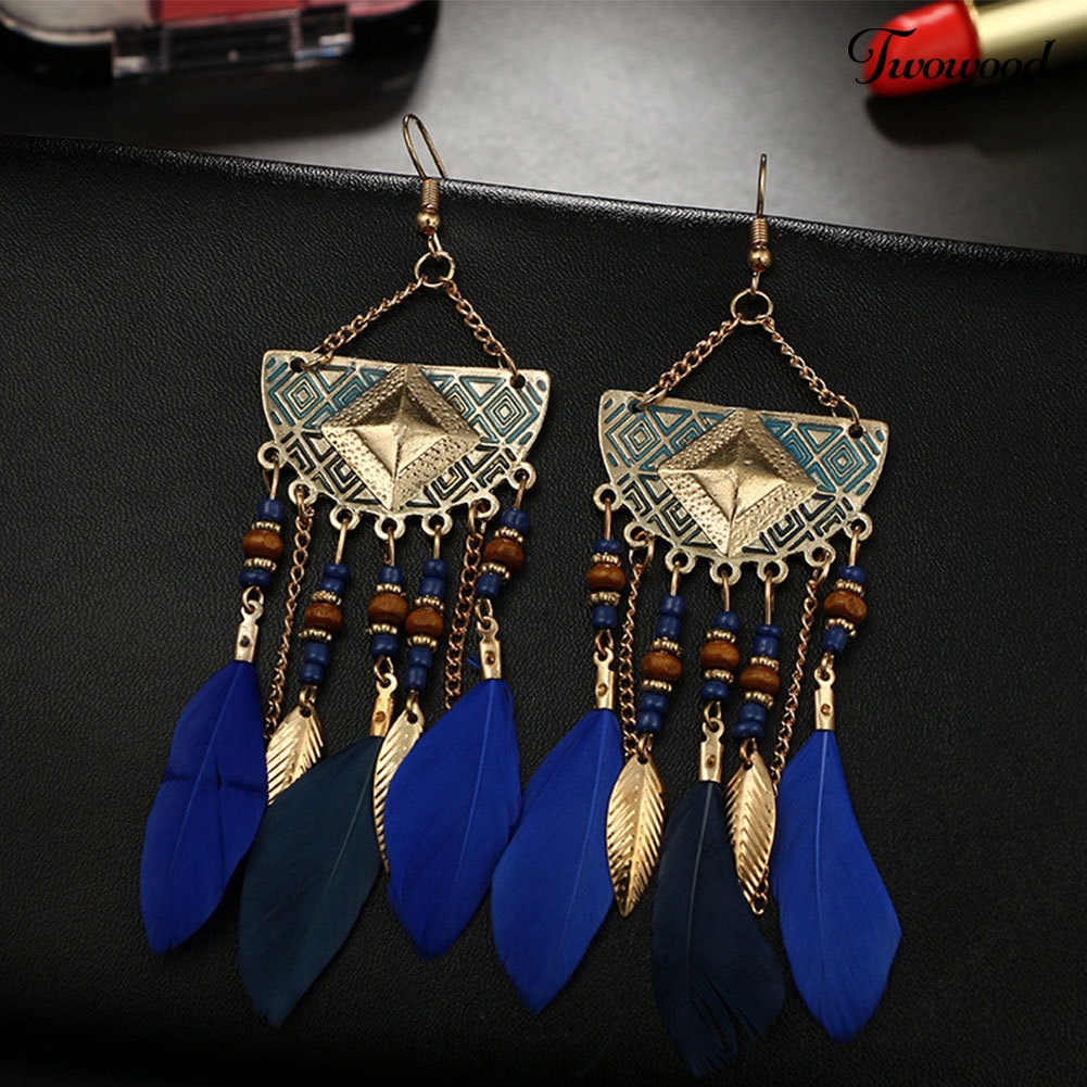 Twowood Boho Geometris Bentuk Kipas Rumbai Manik-Manik Bulu Anting Statement Lady Ear Hooks