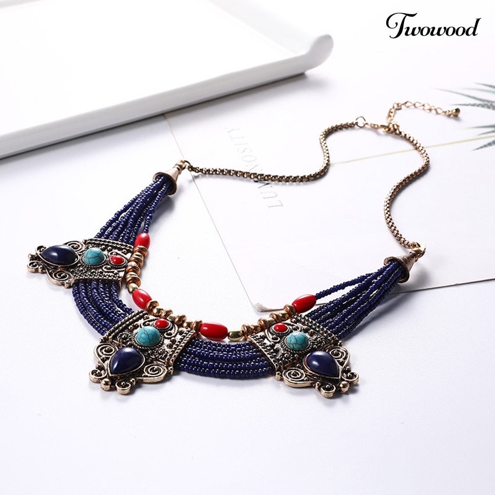 Twowood Boho Wanita Multilayer Beads Rhinestones Hias Statement Chain Bib Kalung