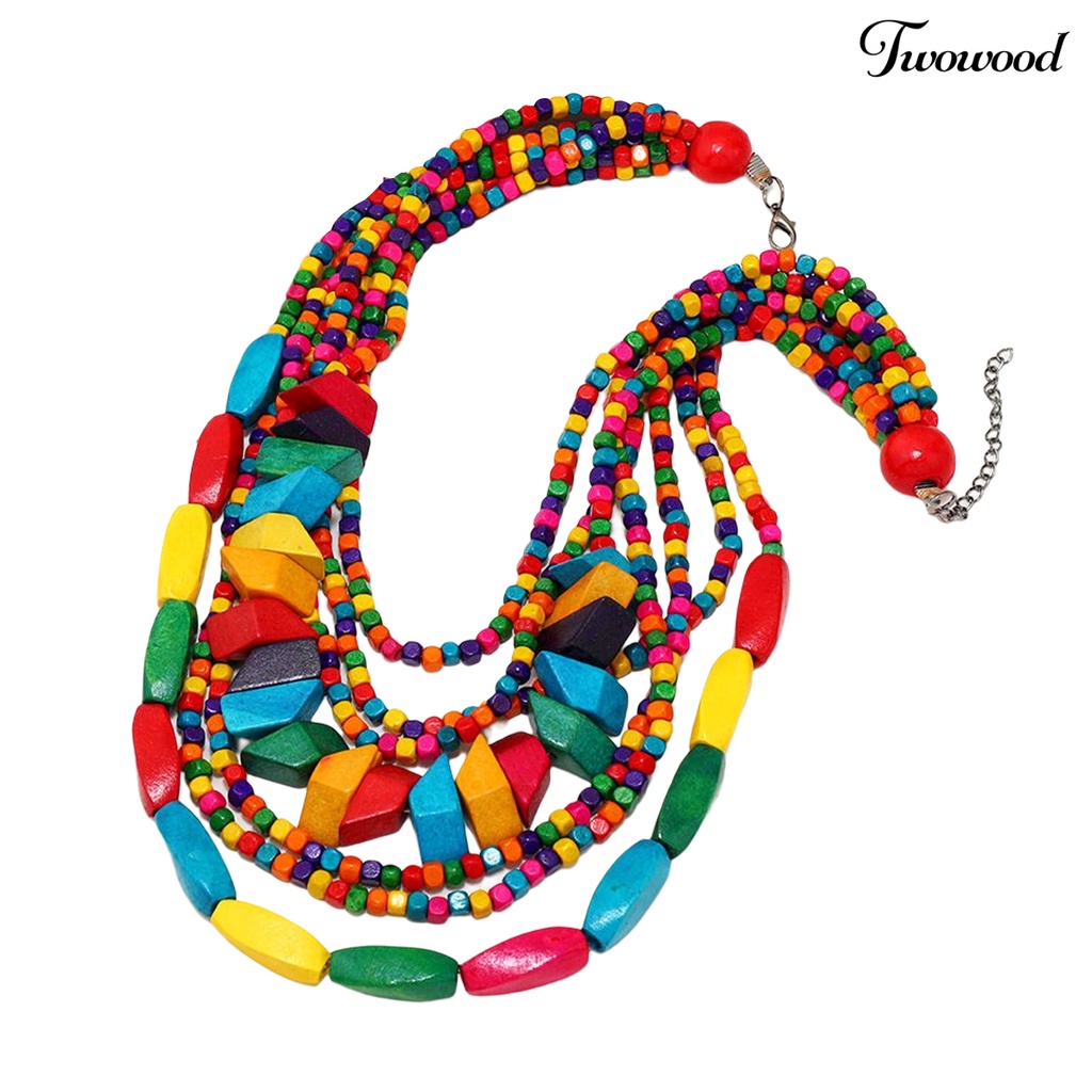 Twowood Pesta Kalung Berlebihan Vintage Multilayer Handmade Colorful Beads Dress Up Fashion Item Etnik Rumbai Kayu Manik-Manik Bib Kalung Pesta Liburan Perhiasan