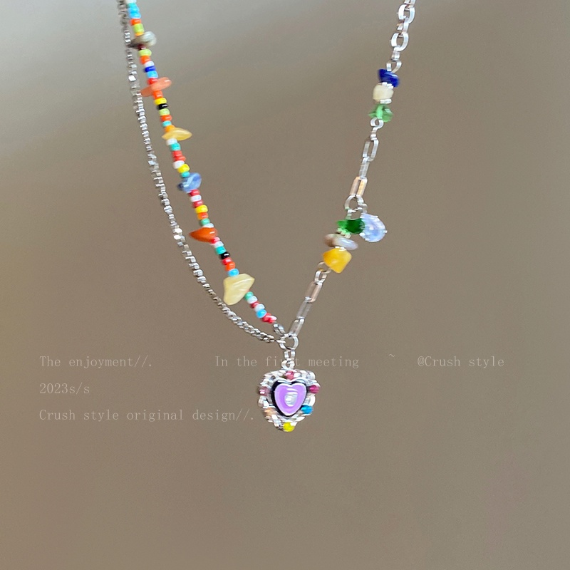 Yeezii Colorful Stone Bead Splicing Kalung Untuk Wanita Minyak Drip Jantung Perak Liontin Rantai Choker Perhiasan Aksesoris