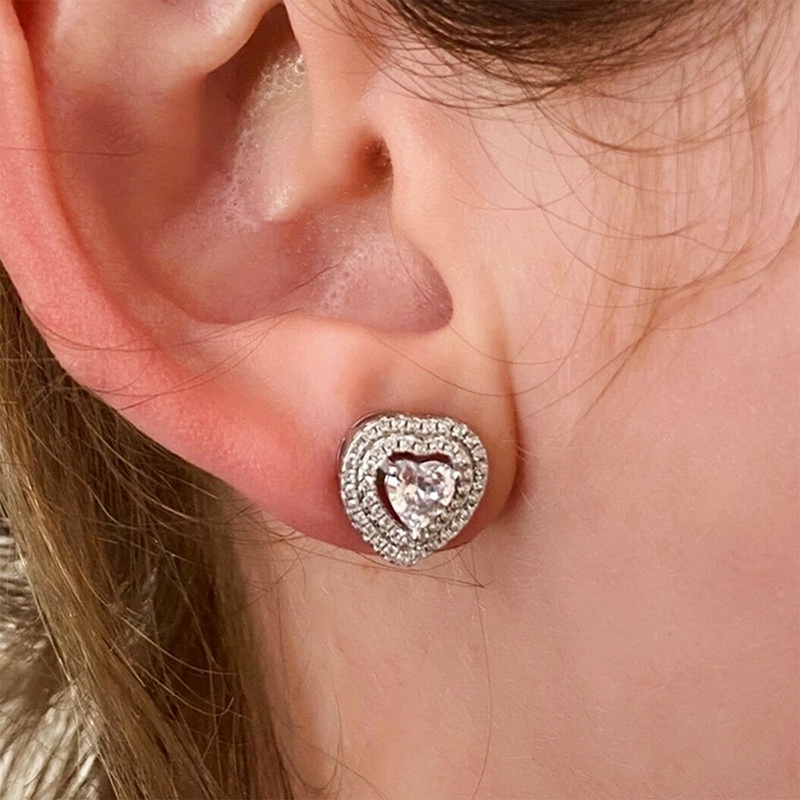 Brilliant Heart Cubic Zirconia Stud Earrings Untuk Wanita Pernikahan Pertunangan Cinta Aksesoris Hadiah Indah Perhiasan Fashion