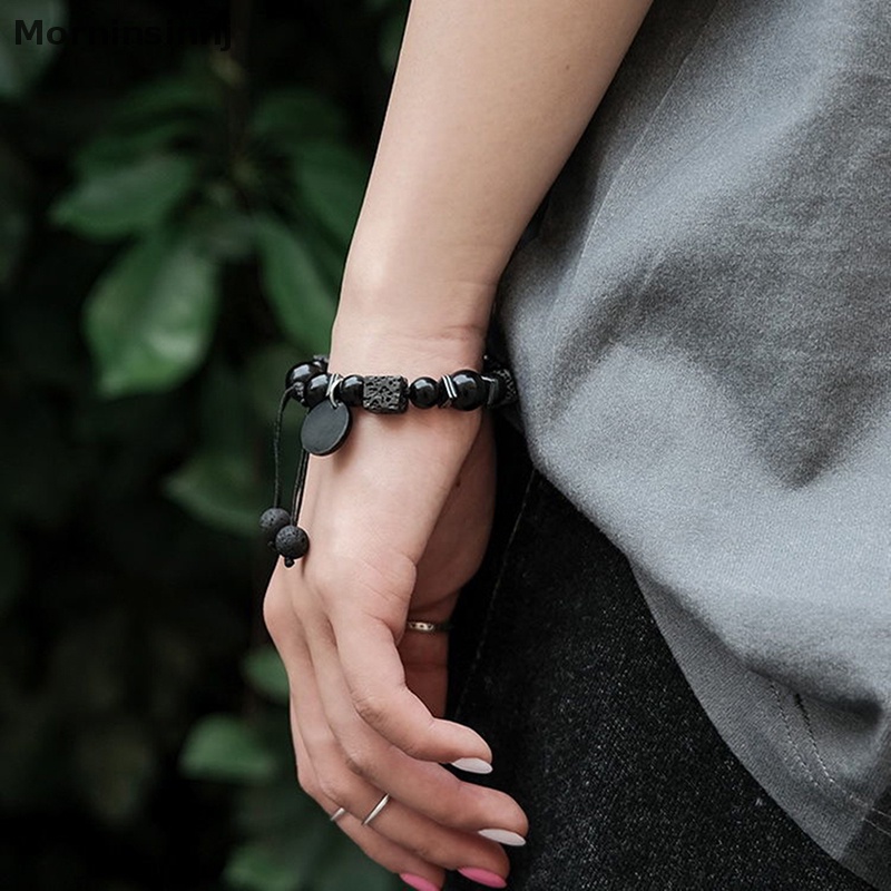 Mornin Gelang Hitam Lava Square Volcanic Stone Gelang Pria Matte Black Glass Beads Adjustable Bracelet Gelang Charm id