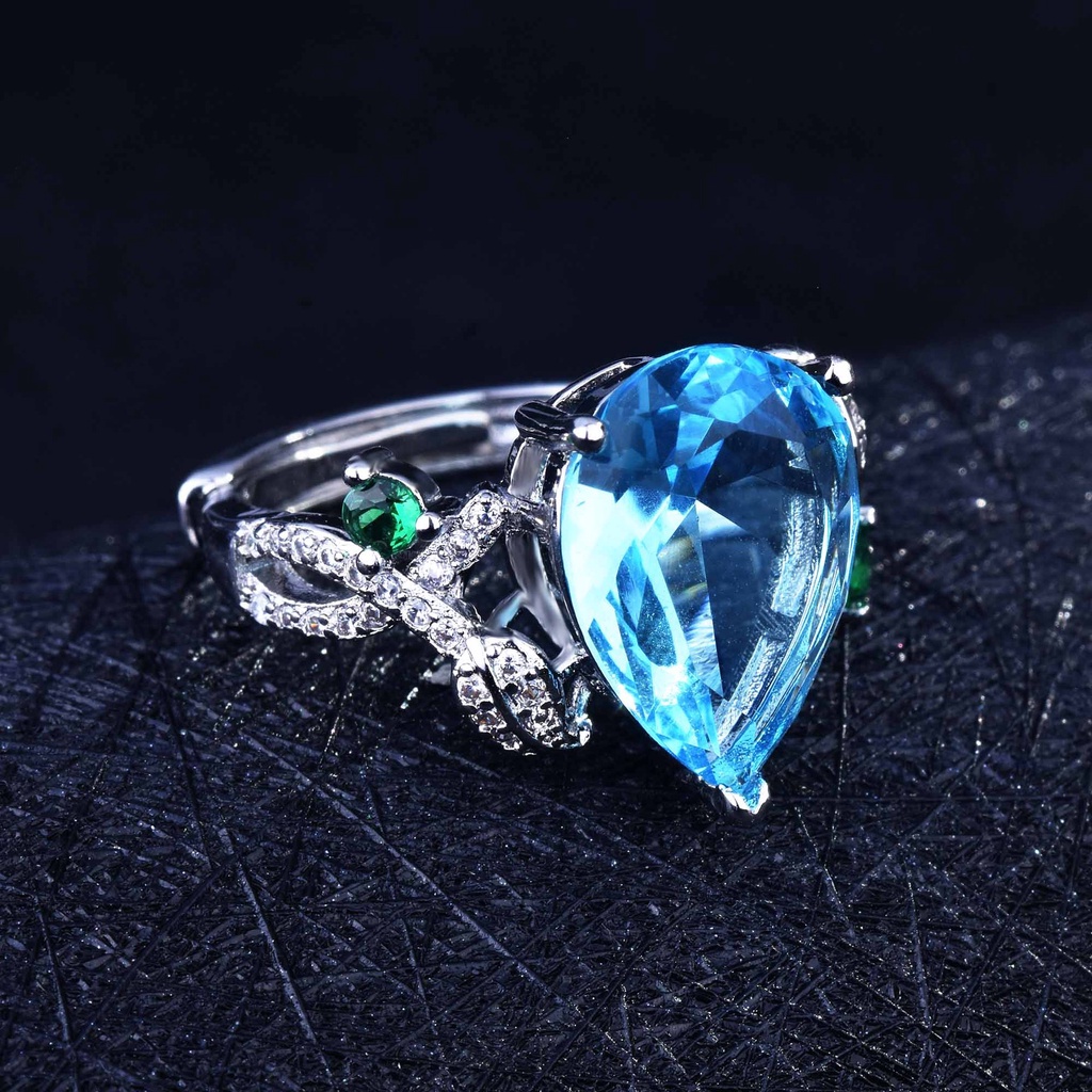 Goldkingdom Aksesoris Perhiasan Fashion Ready Stock Natural Blue Topaz Cincin Perempuan Set Permata Pembukaan Cincin Perhiasan Warna-Warni Jewelry Ring