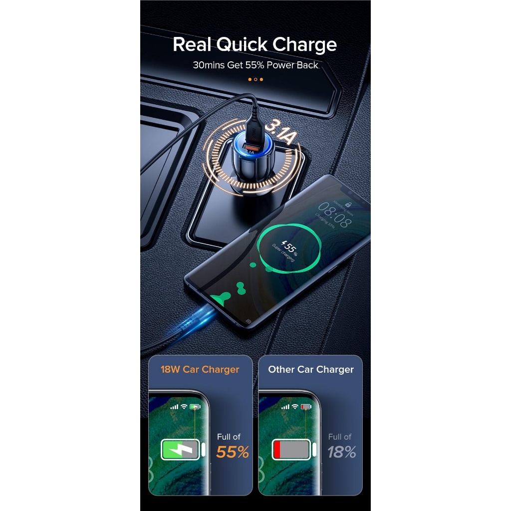 (Dikirim Dari Jakarta) Qualcomm 3.0 Charger Mobil Quick Car Charger Cas Hp Mobil Motor Fast Charging 2 USB - Alat Cas Hp DiMobil Murah-Hitam/Putih