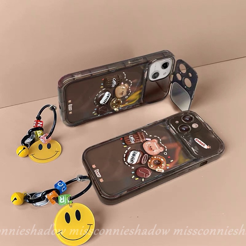 3d Kartun Lucu Mainan Beruang Kopi Donat Case Untuk Oppo A57 A12 A15 A7 A3s A5s A53 A15s A9 A5 A77 A77S A11K A31 A33 2020 A35 Kreatif Flip Make Up Cermin Shockproof Soft Phone Cover