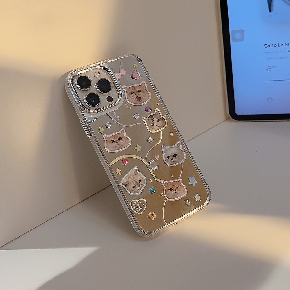 IPHONE Cute Kitten Cat Heads Emoji Phone Makeup Mirror Case Penutup Pelindung Dengan Manik-Manik Berlian Imitasi Berwarna Untuk Iphone11 12 13 14 PRO MAX