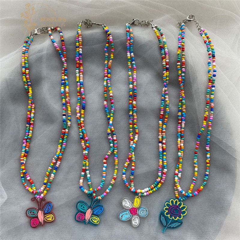 Roselife Y2K Double Layer Colorful Beads Chain Butterfly Sunflower Pendant Kalung Untuk Wanita Perempuan Musim Panas Fashion Rainbow Butterfly Floral Necklaces Liburan Perhiasan