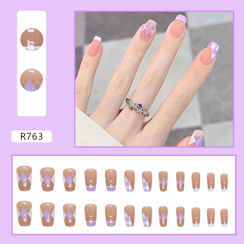 Purple Rhombus Motif Kotak-Kotak Gaya Perancis Kuku Palsu Square Fake Nails 24pcs/box R763