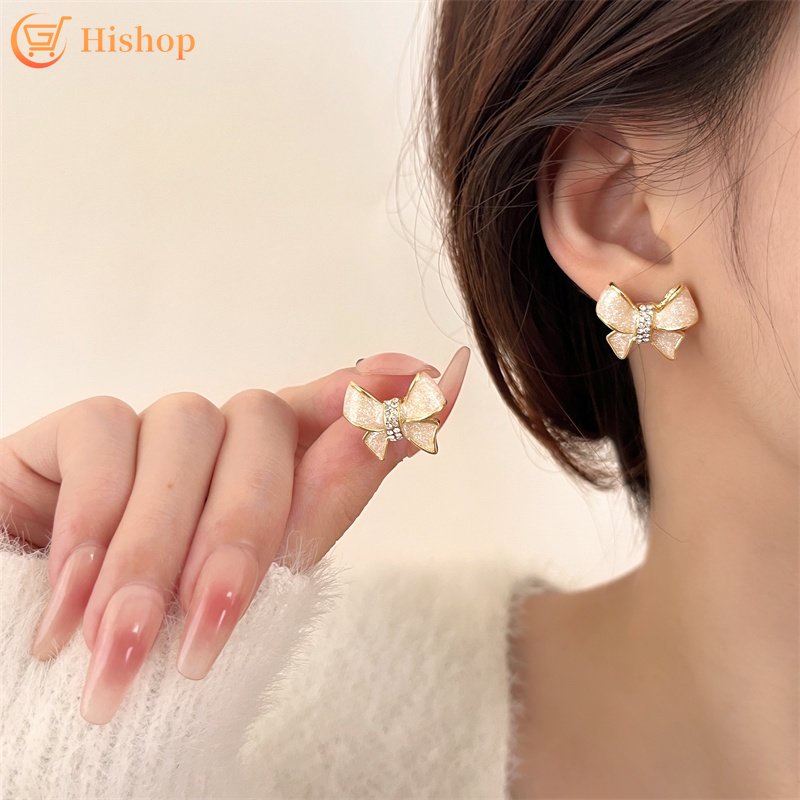 Anting Tusuk Busur Manis Untuk Wanita Kristal Tetes Minyak Earring Fashion Aksesoris Perhiasan