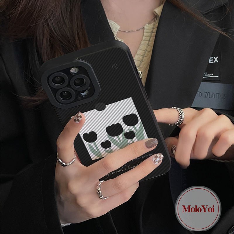 IPHONE Stiker Tekstur Kulit Mewah Shockproof Case Kompatibel Untuk Iphone11 12 14 13 Pro MAX 7Plus 7 8 Plus XR X XS MAX Jepang Dan Korea Selatan Fashion Bunga Tulip Lembut Silicone Cover