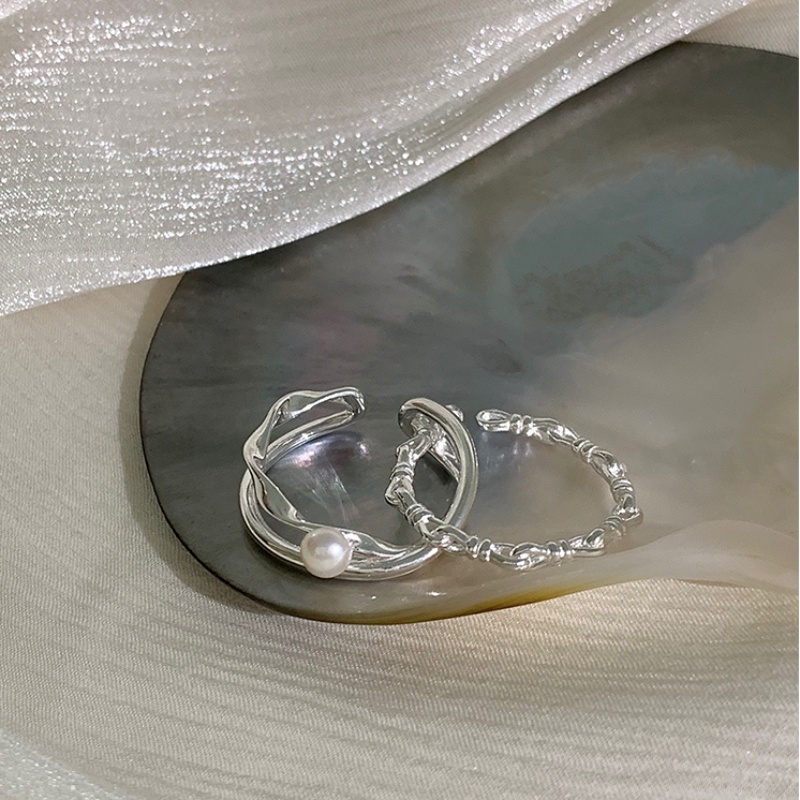 Papaozhu Chic s925 Perak Geometris Silang Cincin Mutiara Untuk Wanita Gadis Halus Berongga Simpul Jari Rings Adjustable Trendi Perhiasan Hadiah