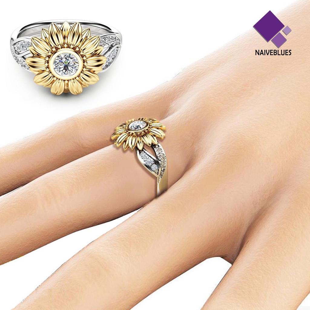 &lt; Naiveblues &gt; Berlian Imitasi Cincin Shiny Gold-Layer Sunflower Alloy Ring Temperamen Perhiasan Wanita Elegan Rings Hadiah Yang Indah