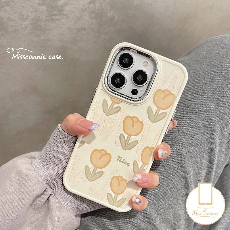 IPHONE Casing Ponsel Bingkai Lensa Logam Electroplate Kompatibel Untuk Iphone11 Pro MAX XR 7plus 14 12 13 Pro MAX X7 8 Plus XS MAX Bunga Tulip Segar Shockproof Lembut TPU Penutup Belakang