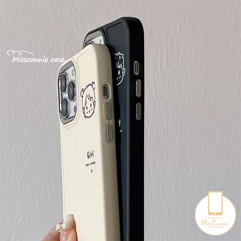IPHONE Casing Ponsel Cowok Cewek Simple Lucu Kompatibel Untuk Iphone11 14 12 13 Pro Max7 8 Plus X XR 8plus XS MAX 7plus Pasangan Plating Bingkai Lensa Logam Lembut Tpu Penutup Belakang