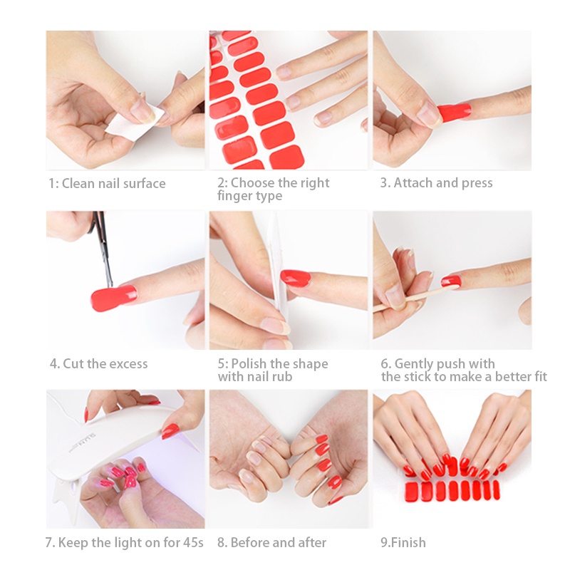 20tips/lembar Semi Sembuh Merah Gel Kuku Strip Patch Sliders Perekat Tahan Air Tahan Lama Full Cover Gel Nail Stcikers Lampu UV Butuh