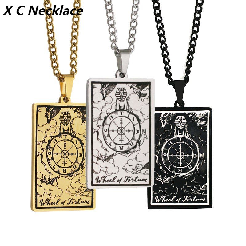 [Kalung X C] Emas &amp; Perak Baru Hip-hop Punk Retro Grand Alcana Tarot Wheel of Fortune ​​Kalung titanium Steel Liontin Anti Karat Untuk Perhiasan Hadiah Liburan Pria Dan Wanita