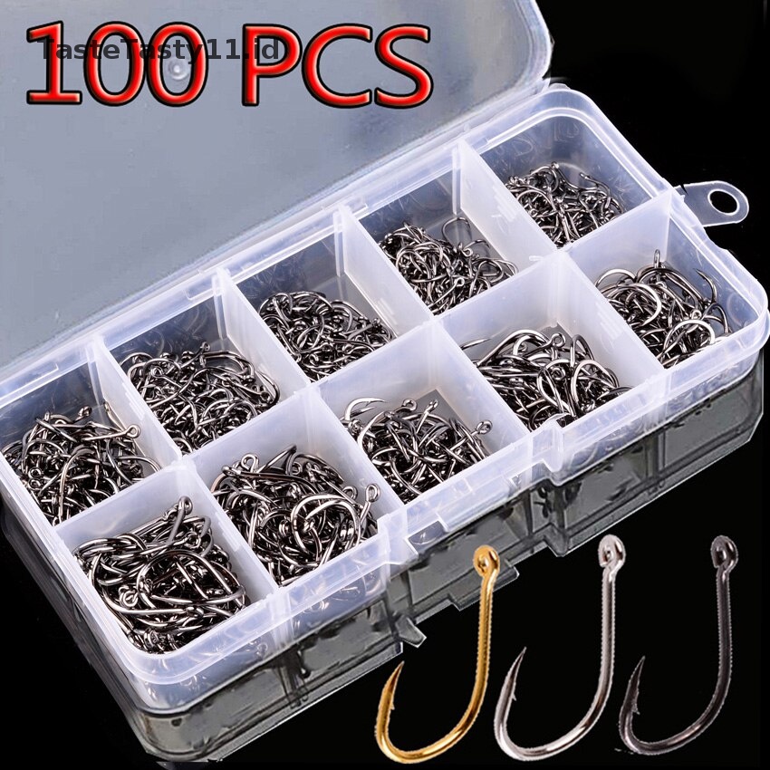 Tastetasty 100Pcs Set Kait Pancing Baja Karbon Single Circle Fishing Hook Fly Fishing Jip.