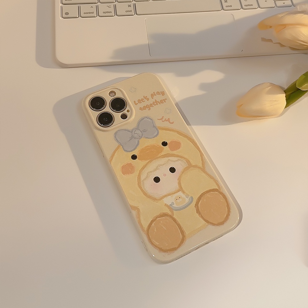 IPHONE Cream Kuning Lucu Kartun Bayi Perempuan Pelindung Lensa Kamera Ponsel Soft Case Cover Untuk Iphone11 12 13 14 PLUS PRO MAX