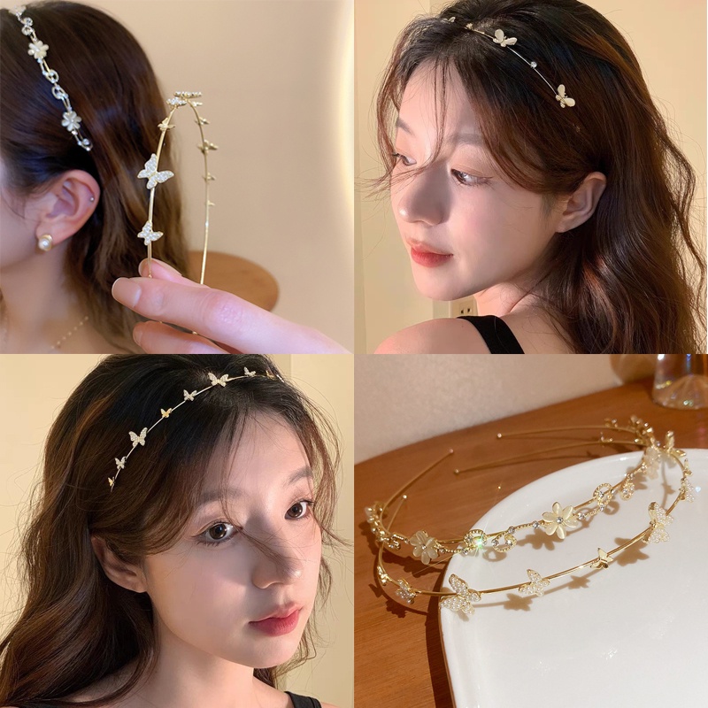 Fashion Alloy Tipis Bunga Bando Kupu-Kupu Berlian Imitasi Mutiara Rambut Band Wanita Aksesoris Rambut