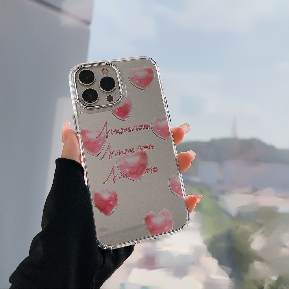 IPHONE Ins Membengkak Hati Pink Plating Cermin Casing Transparan Untuk Iphone14 11 12 13 PRO MAX Casing Cover Pelindung AT0258