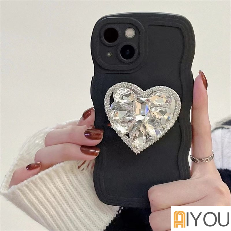 IPHONE Luxury Ins Korea Lucu Irregular Cloud Specular Bracket Gelombang Hitam Case Untuk Iphone14 13 12 11 Pro Max Kawaii Soft Cover Funda