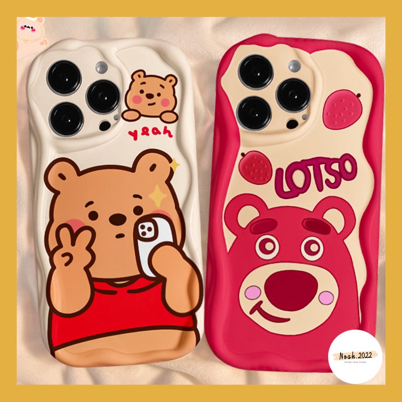 Casing Kartun Kompatibel Untuk iPhone 11 Pro Max12 14 13 Pro Max6 6S 7 8 Plus XR X XS MAX Cute Manyo Winnie the Pooch 3D Wavy Curved Edge Glossy Airbag Pasangan Tahan Guncangan Soft Cover