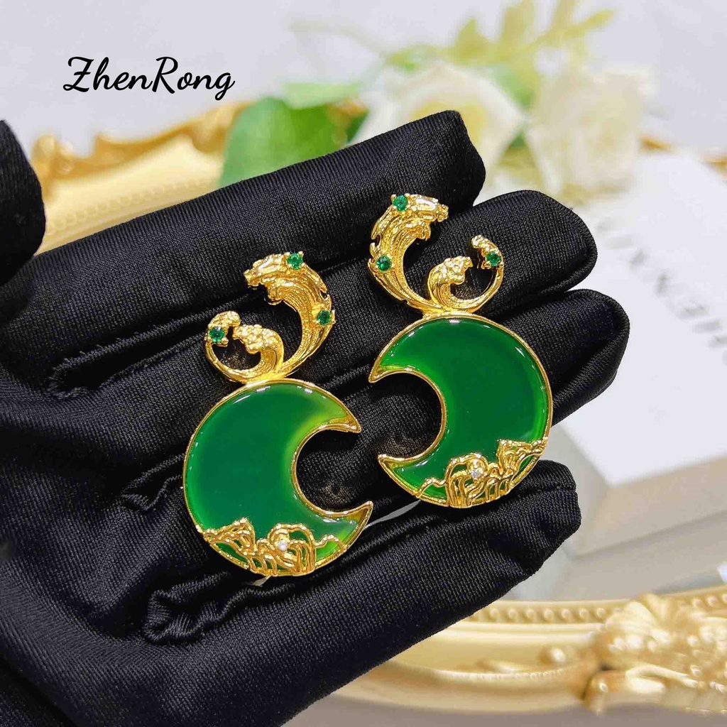 Goldkingdom Fashion Perhiasan Aksesoris Ready Stock Cinta Abadi Giok Kalsedon Kalung Bros Dengan Dua Liontin Batu Akik Giok Bulan Pasang Anting