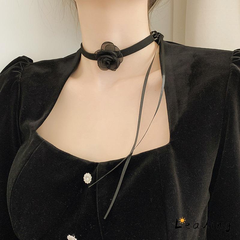 Waktu Seksi Choker Kerah Perhiasan Retro-Hitam Renda Camellia Kalung Pesta Makan Malam Neck-Band Wanita Fashion Adjustable Neckl-Le