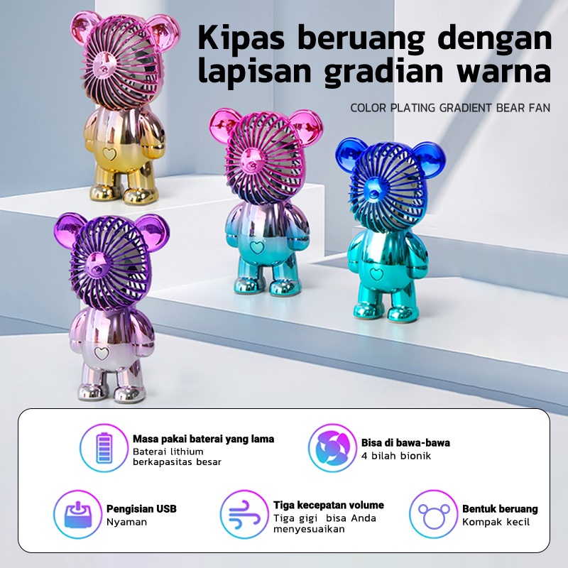 KADONIO Kipas Angin Mini Portable Karakter Bearbrick Meja USB Cas 3 Pengaturan Kecepatan Bentuk Beruang Alas Anti Selip Bagian Bawah Yang Tebal KL-FN22