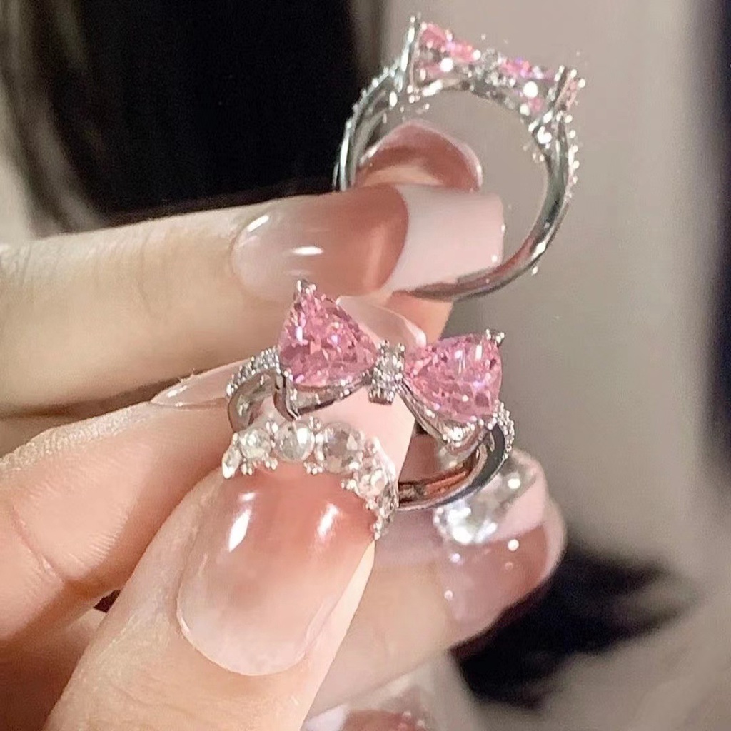 Pink Busur Terbuka Cincin Wanita Merah Muda Berlian Zirkon Perancis Indah Micro Set Ring