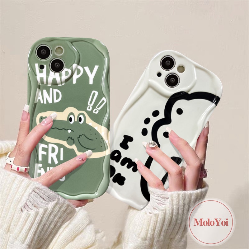 Kartun Lucu Hijau Crocodile Pasangan Shockproof Case Kompatibel Untuk IPhoneXR XS X Max8 7 6 6s Plus 11 12 14 13 Pro Max SE 2020 3D Wavy Curved Edge Soft Tup Cover