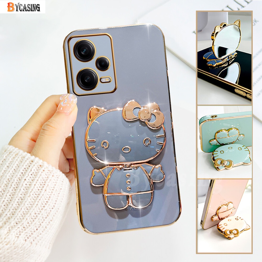 Xiaomi Poco X5 5G F3 F4 GT Poco M4 Pro M3 Pro X3 GT X3Pro X3NFC Note10 5G Mi 11 Lite 12 Lite Cermin Rias Kiity Cat Dudukan Lipat Mewah Plating Rubber Soft Cover BYCASING