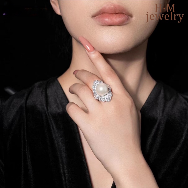 Cincin S925 Silver Mutiara Fritillary Buatan Mewah All-Match Mulut Terbuka Perempuan Satu Gaya Untuk Dual-Wear