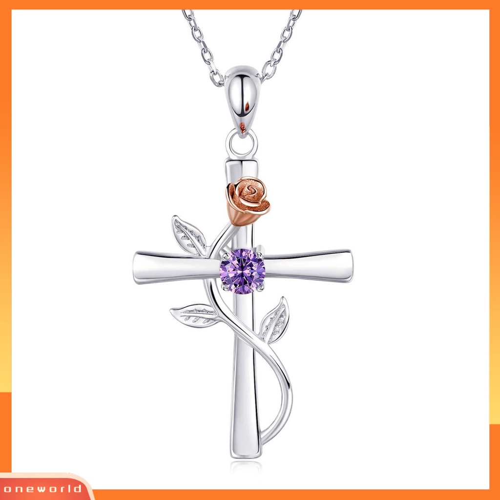 [ONE] Wanita Kalung Novelty High Gloss Silver Plated Cross Rose Flower Kalung Rantai Berlian Imitasi Mengkilap Untuk Pesta