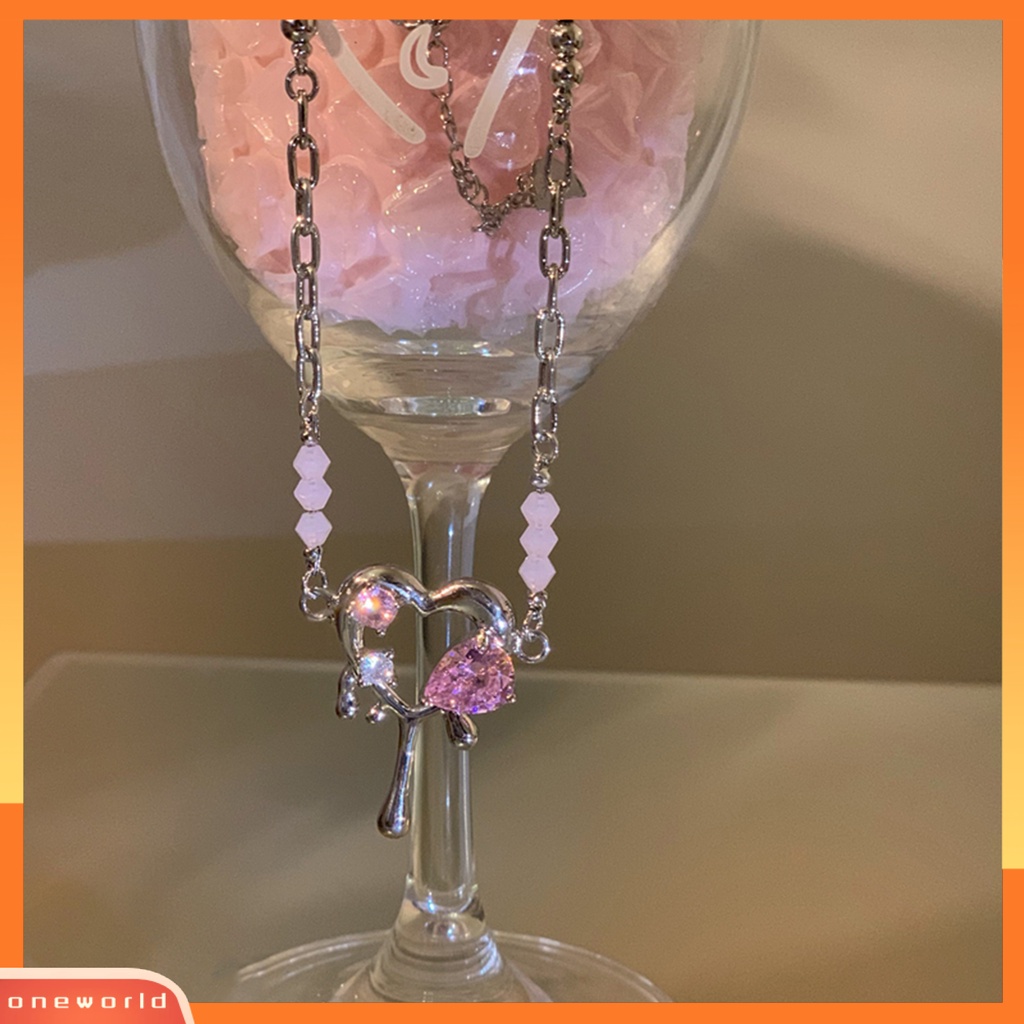 [ONE] Rantai Ekstensi Dapat Disesuaikan Paduan Lady Kalung Pink Cubic Zirconia Jantung Liontin Choker Kalung Perhiasan Aksesori