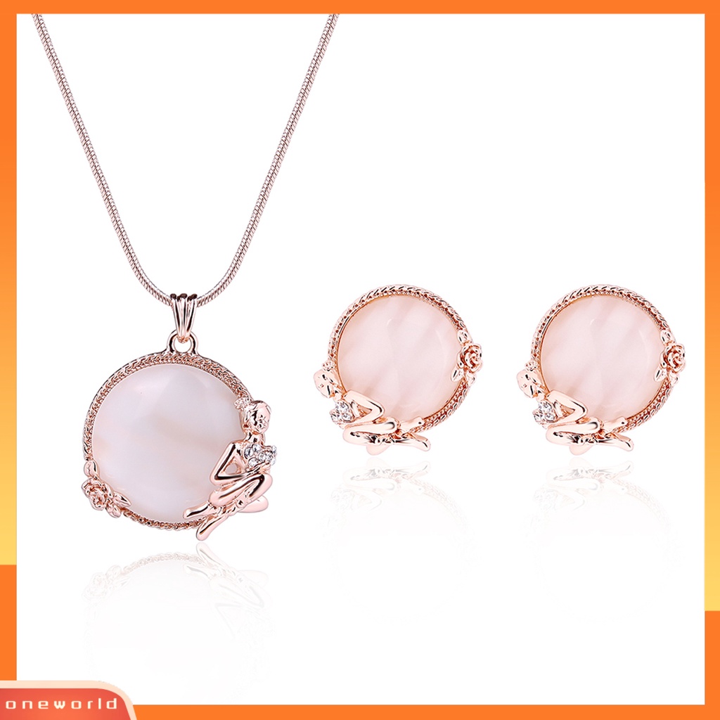 [ONE] 1set Kalung Anting Set High Gloss Bulat Opal Electroplating Kristal Imitasi Dress Up Stud Earrings Pendant Kalung Set Perhiasan Aksesori