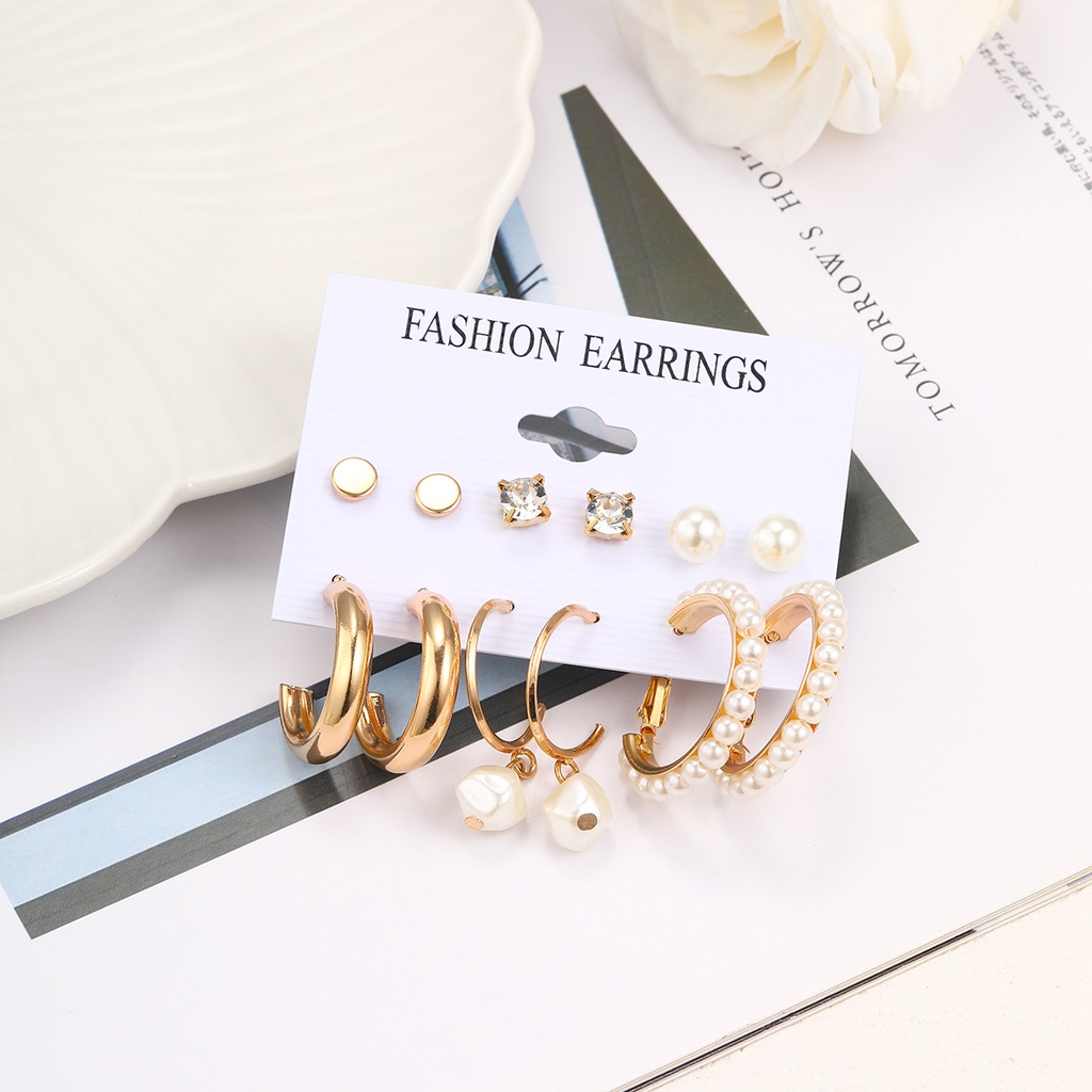 6pasang/set Anting Tetes Mutiara Kristal Anting Hoop Emas Untuk Wanita Fashion Perhiasan Aksesoris