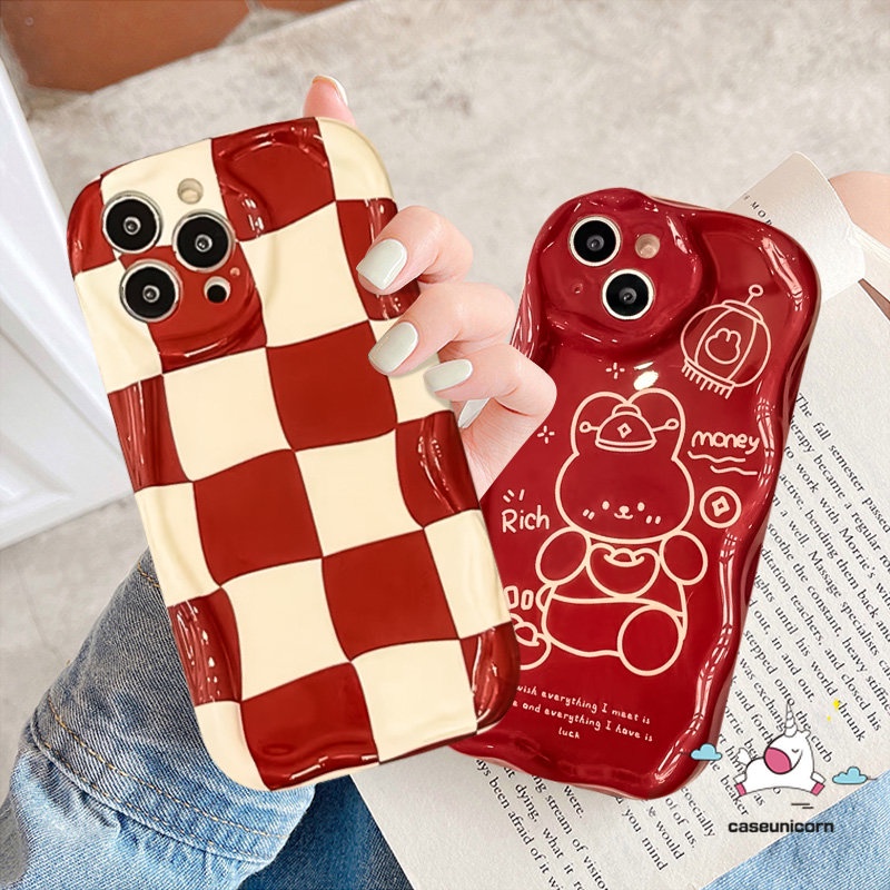 Case Glossy Kotak-Kotak Kartun Merah Untuk Redmi 9C NFC 10C 10A A2 A1 10 9A 9T 9 POCO M3 Redmi Note8 11 9 10s 12 10 11s Pro Max 3D Tepi Melengkung Bergelombang Tahun Baru Kaya Lucu Kelinci Cover