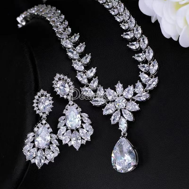 Set Perhiasan Kristal Zirkon Mewah Pernikahan Pengantin Kalung Anting Kit