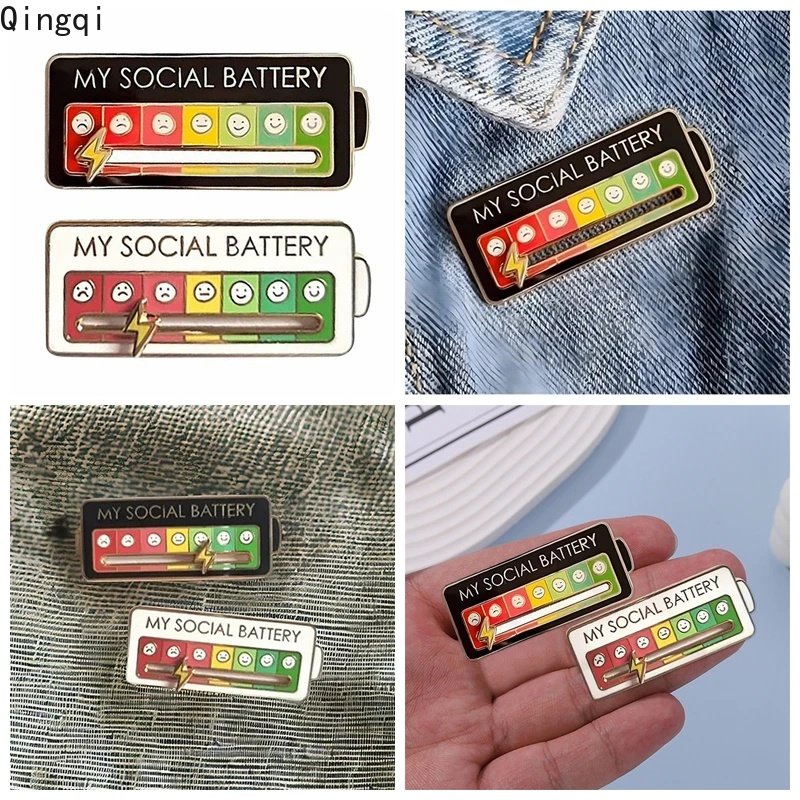 Kreatif Suasana Sosial Baterai Enamel Pin My Social Mood Bros Lencana Pin Lucu Interaktif Perhiasan Hadiah