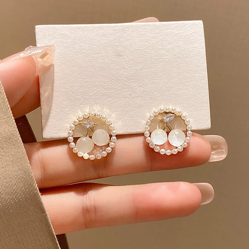 Jepang Korea Sederhana Mutiara Berlian Imitasi Cherry Temperamen Manis Geometris Anting Fashion