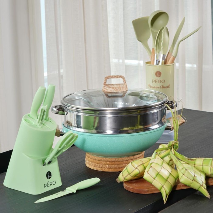 Pero Bundling Wok 32 + Steamer + Spatula Set of 6 + Knife Set of 6 - Blue
