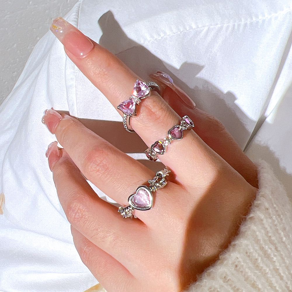 Fashion Adjustable Gemstone Heart Rings Cincin Jari Crtystal Pink Elegan Untuk Aksesoris Perhiasan Wanita Image 7