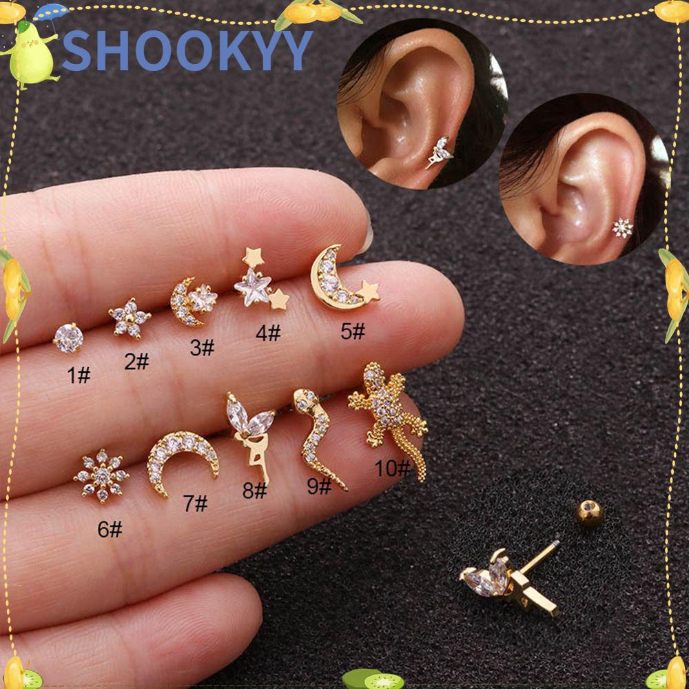 Chookyy 1PC Cartilage Ear Stud Kristal Stainless Steel Tokek Cicak Bulan Bintang Bunga Telinga Studs