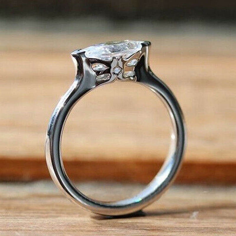 Cincin Jari Wanita Simple Marquise Cubic Zirconia Warna Silver Band Rings Untuk Pesta Pertunangan Pernikahan Perhiasan