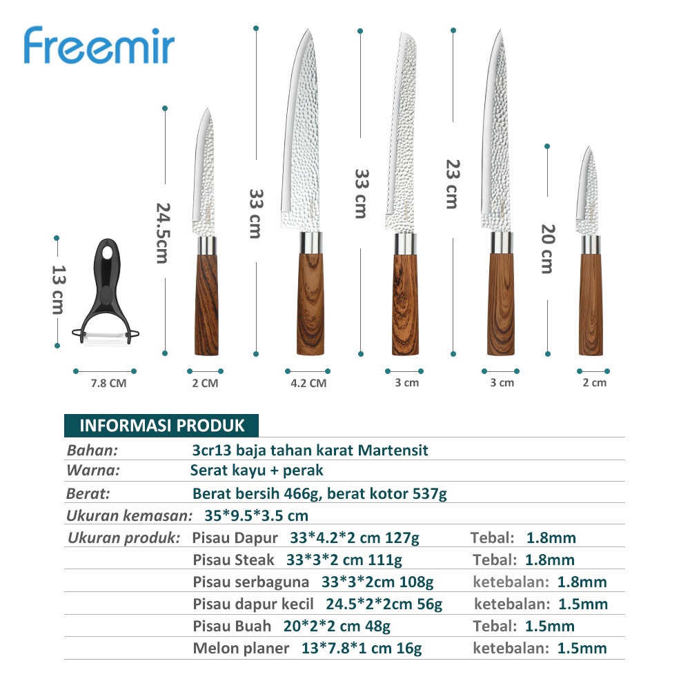 freemir Set Pisau Daging 3 / 6 pcs Set Pisau Dapur Tajam Anti Lengket Silver Perak