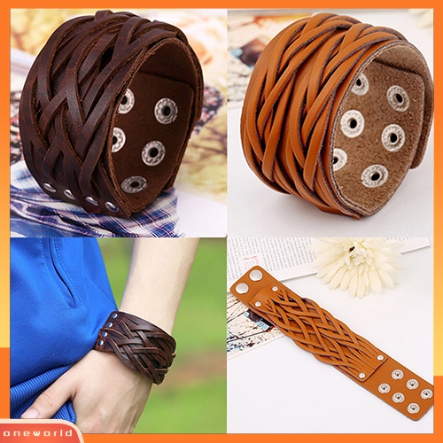 [WOD] Wanita Pria Gaya Punk Keren Kulit Bangle Rajut Manset Lebar Handmade Gelang