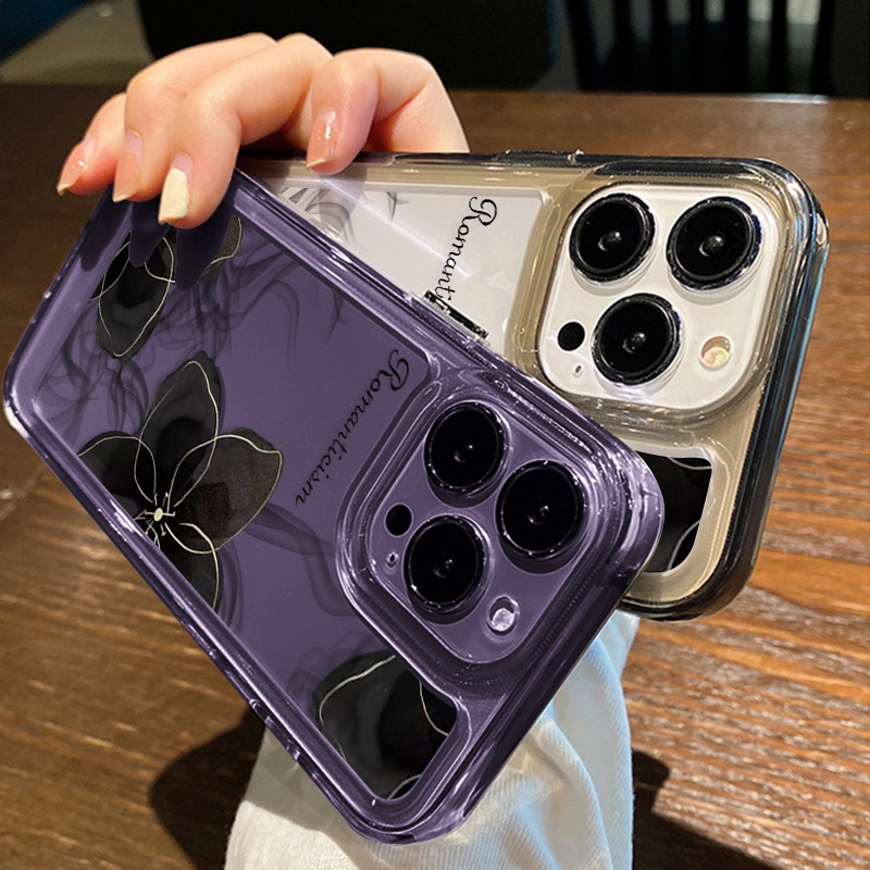 IPHONE Casing Bunga Hitam Romantis Untuk Iphone6 Kompatibel 7 8 6Plus 7Plus 8Plus 11 14 Pro Max X XS XR 11 12 13 14 Pro Max SE 2020 2022 Plating Electroplated Buttons Shockproof Cover