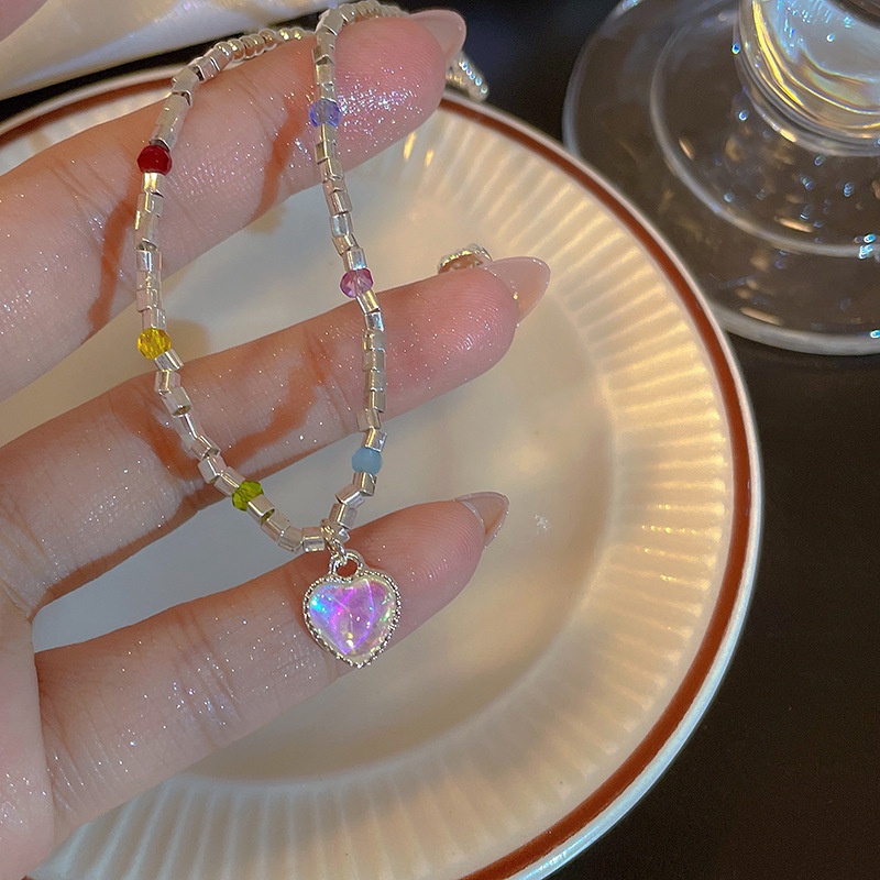 Korea Moonstone Heart Pendant Kalung Wanita Gadis Manik-Manik Rantai Klavikula Aksesoris Perhiasan